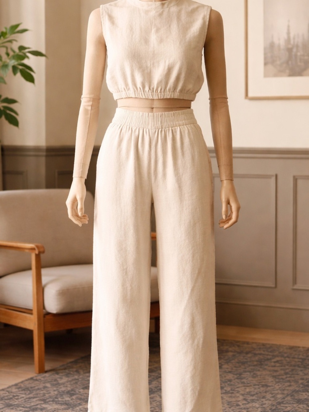Istwinny Women's Beige Linen Blend Sleeveless Top & Wide-Leg Pants Set